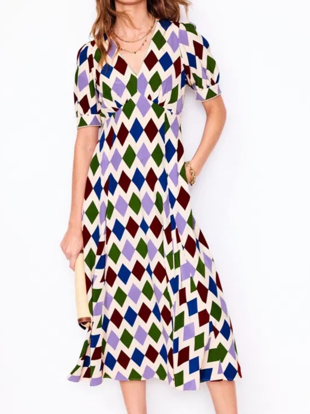 Boden Geometric Diamond Print Midi Dress in Multi